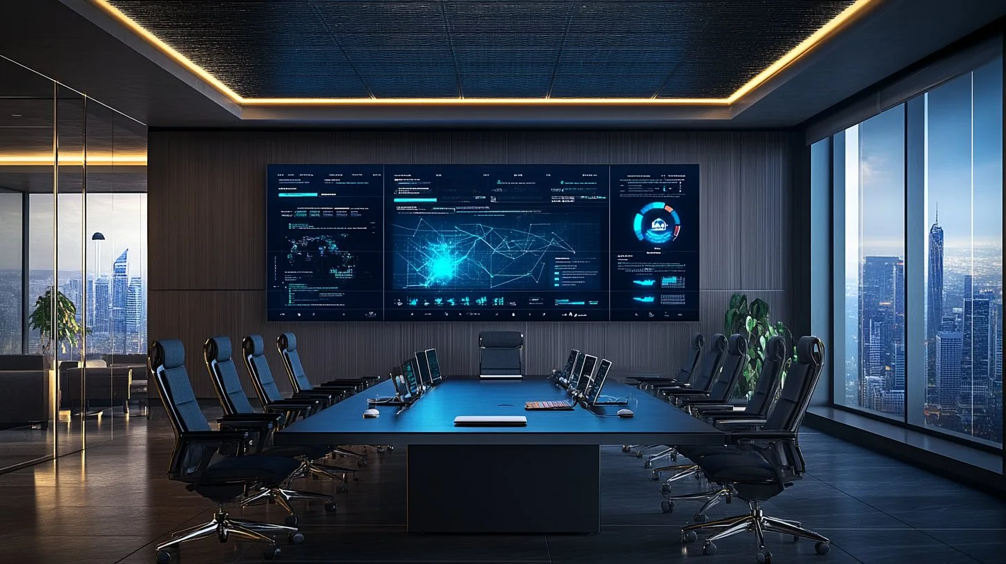 Executive team reviewing cyber readiness dashboard in a boardroom